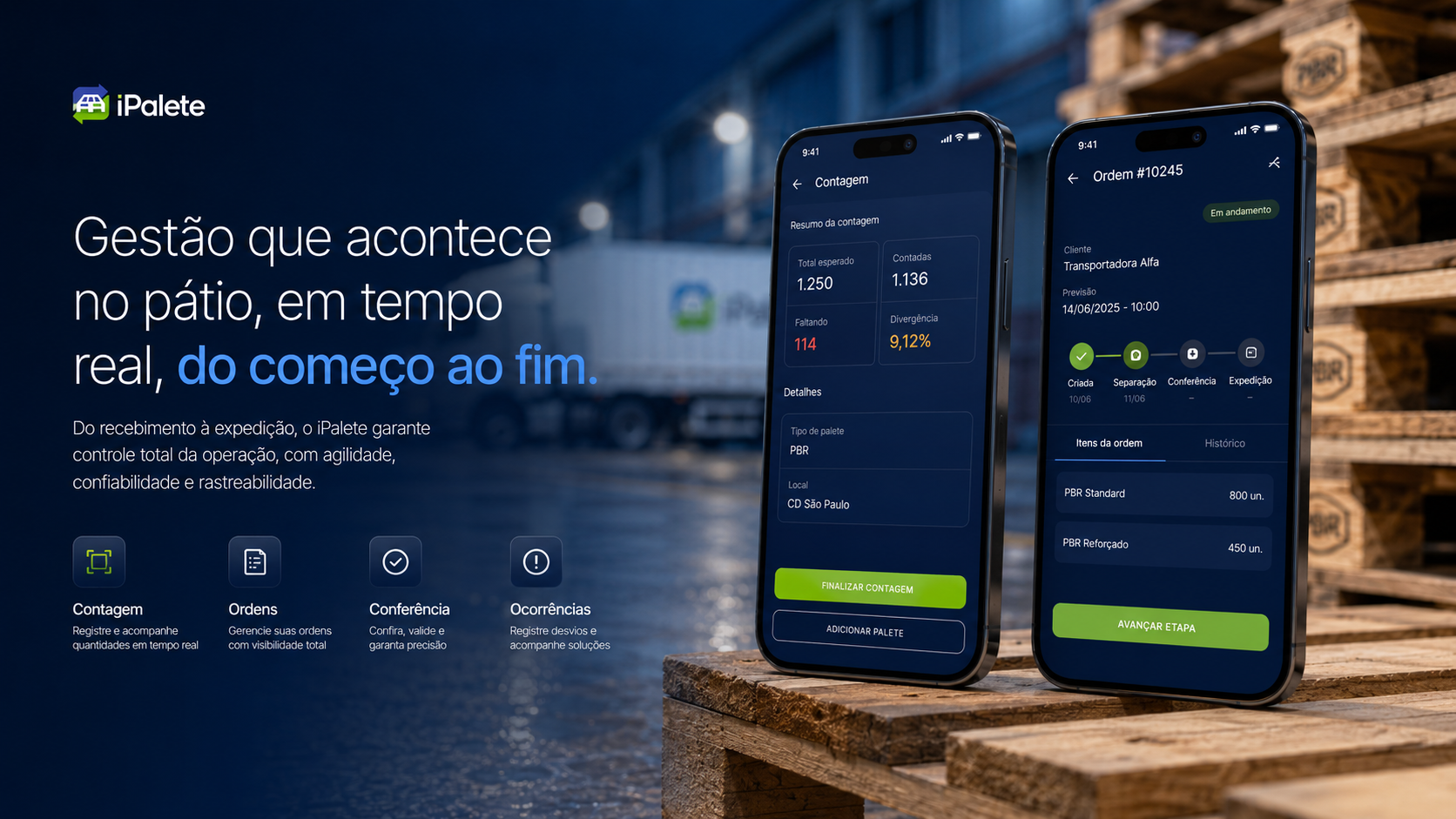 App operacional da iPalete com contagem, ordem, conferência e ocorrência
